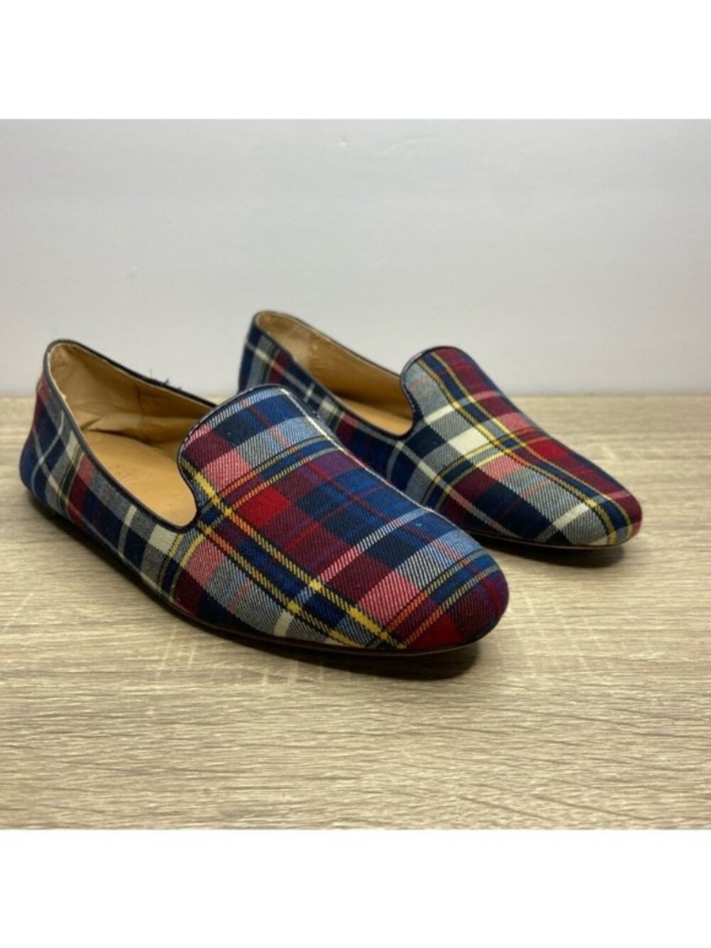 J.  Crew Red Navy Plaid Flat Loafers Size 7.5